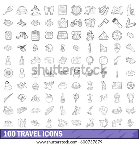 100 travel icons set in outline style for any design vector illustration
