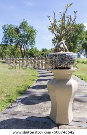 Ornamental plantpots on stands in the garden of Maruekhathaiyawan Palace, Cha Am, Thailand