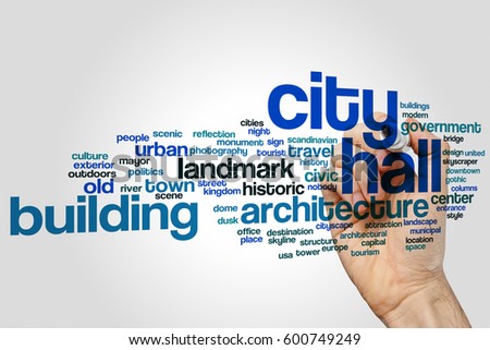 City hall word cloud concept on grey background.