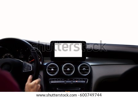 Drivers hands on steering wheel isolated on white background. Modern navigation device on center of car control panel with isolated display Royalty-Free Stock Photo #600749744