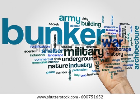 Bunker word cloud concept on grey background.