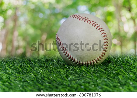 Close up baseball on the green lawn.