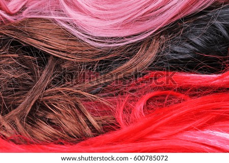 Wig texture. Synthetic hair close up photo. 