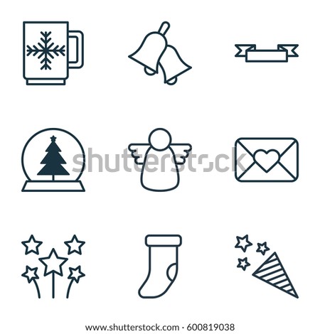 Set Of 9 New Year Icons. Includes Ringer, Magic Sphere, Placard And Other Symbols. Beautiful Design Elements.