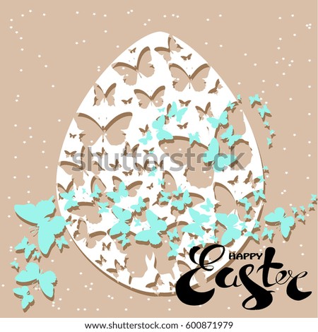 Happy Easter lettering on white background.Festive Easter egg with butterflies. Vector illustration