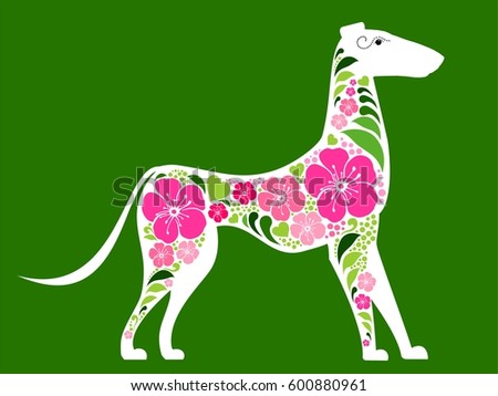 White Dog with colorful flowers isolated on a green background. Vector illustration