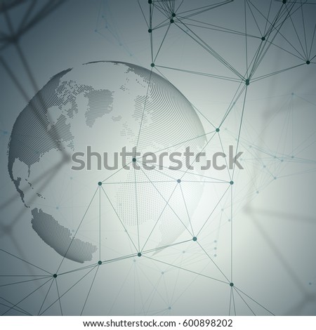 Dotted world globe, connecting lines and dots, chemistry molecular pattern, molecules on gray background. Molecule structure. Medicine, science, technology concept. Polygonal design vector.