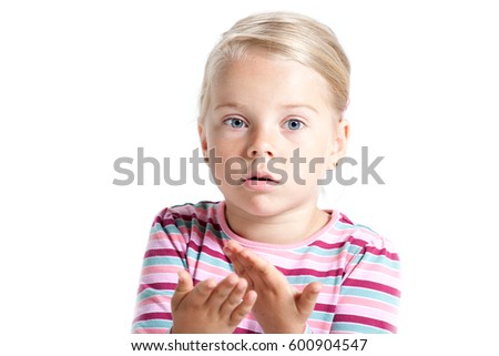 Little girl questioning gesture and wondering face expression 