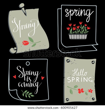 Spring set hand drawn. Paper pages. Tulips flowers, hearts. Isolated on black background. Hand written text, lettering