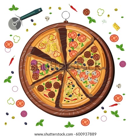 Pizza slices on wooden cutting board for italian pizzeria design. Vector ingredients of basil, pepperoni or tomatoes and mozzarella cheese for margherita, napoletana or capricciosa and marinara