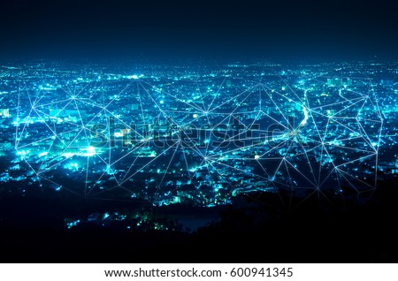 abstract line connection on night city background Royalty-Free Stock Photo #600941345