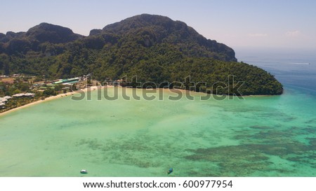 Aerial drone photo of iconic tropical beach and sea coastline of Phi Phi island, Thailand