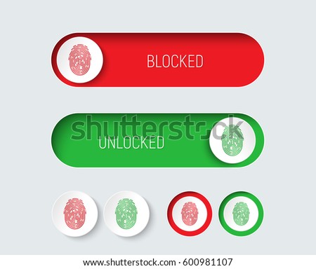 Design sliders and buttons red and green with a fingerprint. Templates for a website or application, to enable or disable protection or blocking. White interface. Vector illustration Royalty-Free Stock Photo #600981107