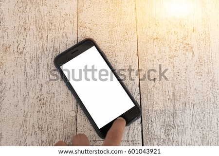 Hand use phone white screen his hand closeup on table space
