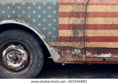 Usa flag on old car. Retro. American background. Interior poster
