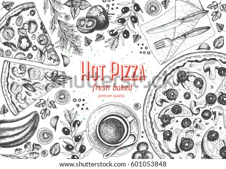 Italian pizza top view frame. A set of classic Italian dishes. Italian food, pizzeria menu design template. Vintage hand drawn sketch vector illustration. Engraved image.