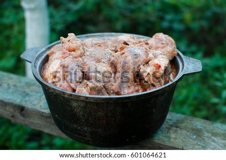 Chicken legs in a cast-iron pan, shish kebab