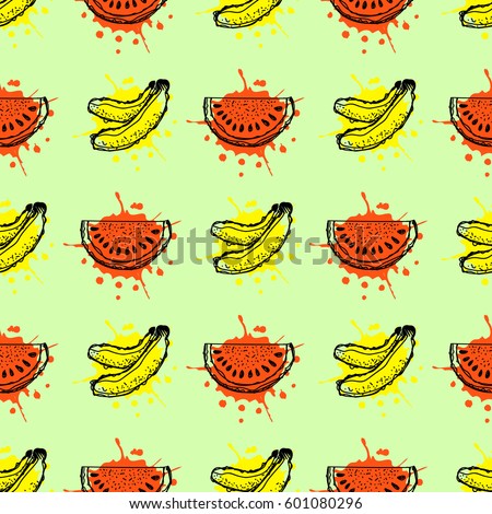 Seamless raster pattern. Hand drawn fruits illustration of banana and watermelon with splash and drop, on the green background. Line drawing, Series of fruits  seamless Patterns.