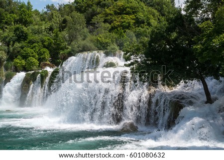 Close view of turbulent streams of waterfall on Krka river in national park. Beautiful nature miracle â?? waterfall.