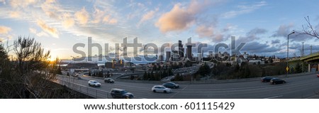 This panorama is comprised of several images, and shows the city scene shortly before sunset.