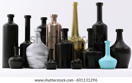 3d Colored bottles isolated on white.