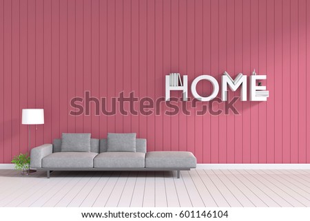 3d rendering : room Minimalist interior light and shadow with Gray fabric long sofa at front of wooden sweet pink pastel wall and white floor. minimalism style wall background. HOME book shelf