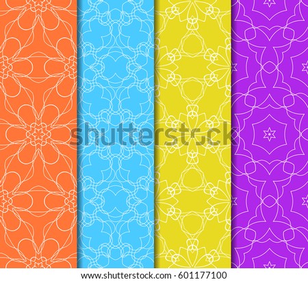Set of 4 vertical e seamless lace pattern with elements of floral ornament. Different colored bases. vector illustration. For decorating invitations, fashion design, textiles