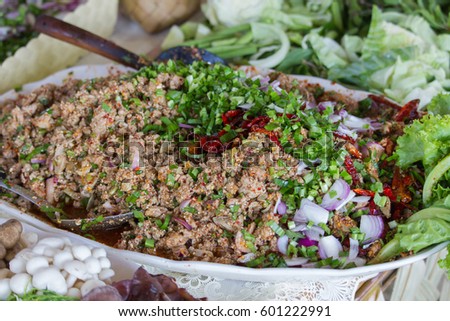 Thai cuisine laab gai spicy minced chicken salad ,for sale in Thai market