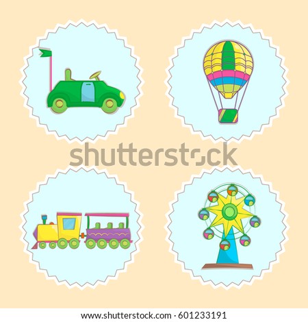 Amusement Park and Playground Stickers in Cartoon Style. Cute patch badges with bumper cars; funny train, hot air balloon and ferris wheel. Vector illustration.

