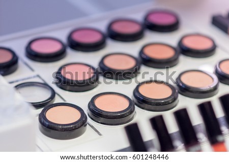 Beautiful big multicolor professional makeup set of many different colorful eye shadows powder and blushes on white plastic show case
