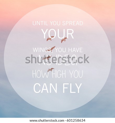 Inspirational quote on blue sky with light clouds and flock of five birds flying high. Conceptual image. Until you spread your wings you have no idea how high you can fly.