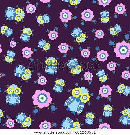 seamless pattern with owls and flowers