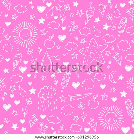 Seamless pattern with cloud, ice-cream, flowers, sun, star. Vector cartoon kids background. Doodle drawing.