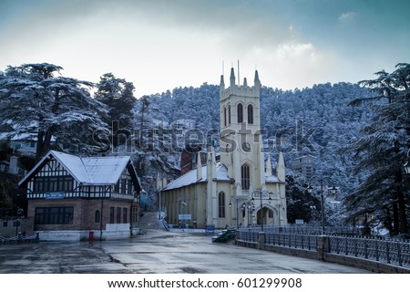 Christ Church Shimla on snowy day Royalty-Free Stock Photo #601299908