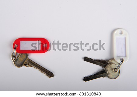 One key on keyring with red blank tag.  Two keys on keyring with white blank tag. Horizontal photo with copy space in upper part. 