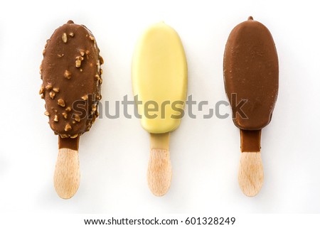 Chocolate ice cream popsicles isolated on white background. 

