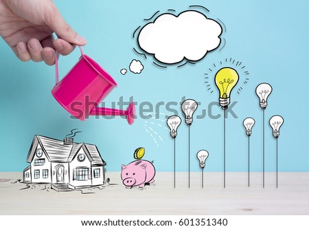 Growing Money Trees A business hand  watering  trees over color  background. Business person watering money tree.Drawing free hand sketch tree .Prepare money  for real estate.