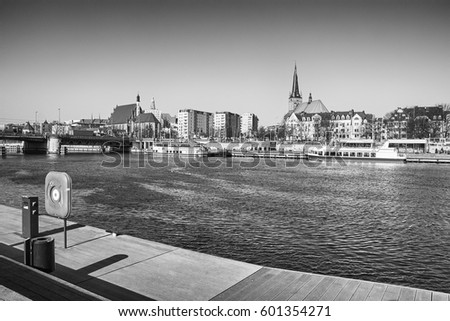 Black and white picture of Szczecin (Stettin) waterfront, boulevard view, Poland.