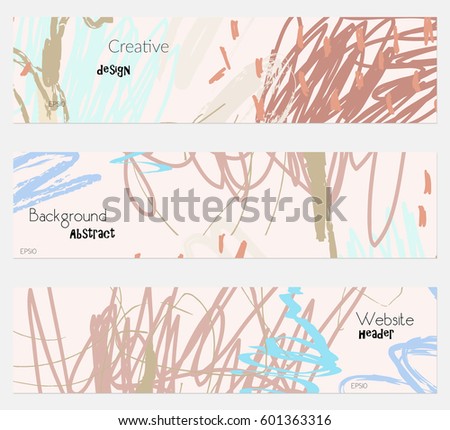 Scribbles marks doodles light cream banner set.Hand drawn textures creative abstract design. Website header social media templates.