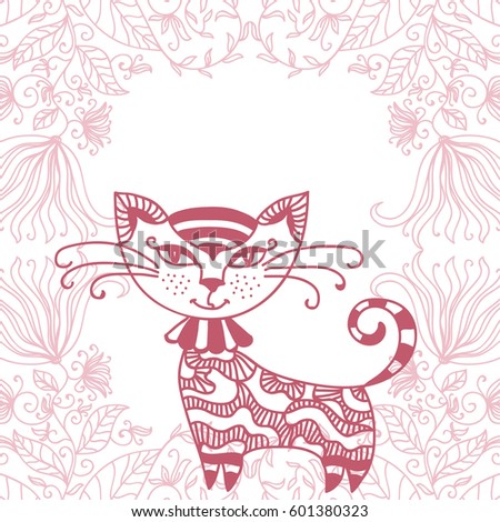 Cute cartoon cat and floral frame. Vector illustration.
