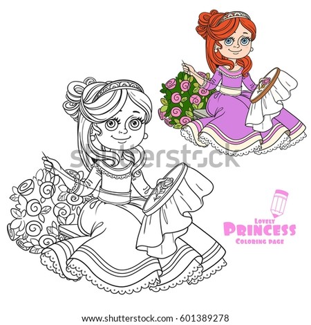 Beautiful princess sitting on a bench near a bush of roses and embroiders color and outlined picture for coloring book on white background