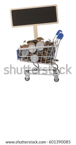 Concept image of retail commerce with miniature shopping cart and mini blackboard with Japanese coins over white background
