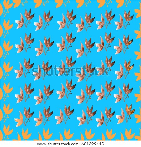 Plant with leaves seamless pattern on a bright blue background. Freehand drawing vector  design. 