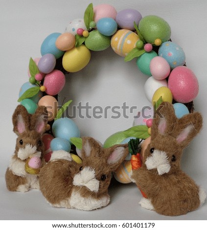 Colorful Easter Egg Wreath With Three Bunnies, Close Up Diagonal