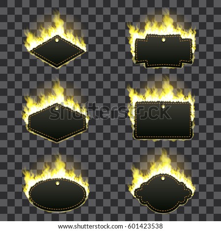 Set of six frames of different shapes with text space surrounded with realistic yellow flame isolated on transparent background. Burning fire light effect. Bonfire elements. Gradient mesh vector