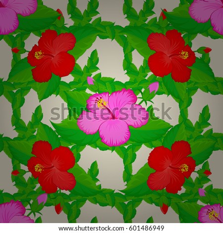 Seamless background pattern with decorative hibiscus flowers and leaves on a beige background.