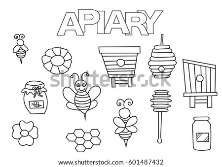 Apiary bees and honey elements hand drawn set. Coloring book template.  Outline doodle elements vector illustration. Kids game page