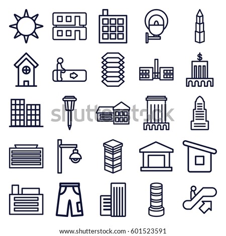 urban icons set. Set of 25 urban outline icons such as escalator, escalator up, business center building, business center, building, pants, street lamp, house builidng