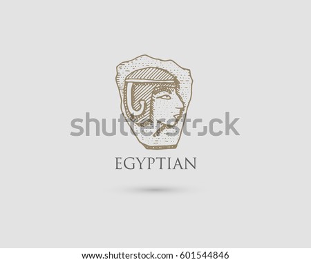 Egyptian pharaon logo with symbol of ancient civilization vintage, engraved hand drawn in sketch or wood cut style, old looking retro