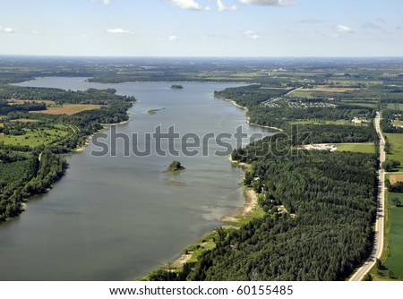 lake landscape aerial above Belwood Lake, southern Ontario; Canada 